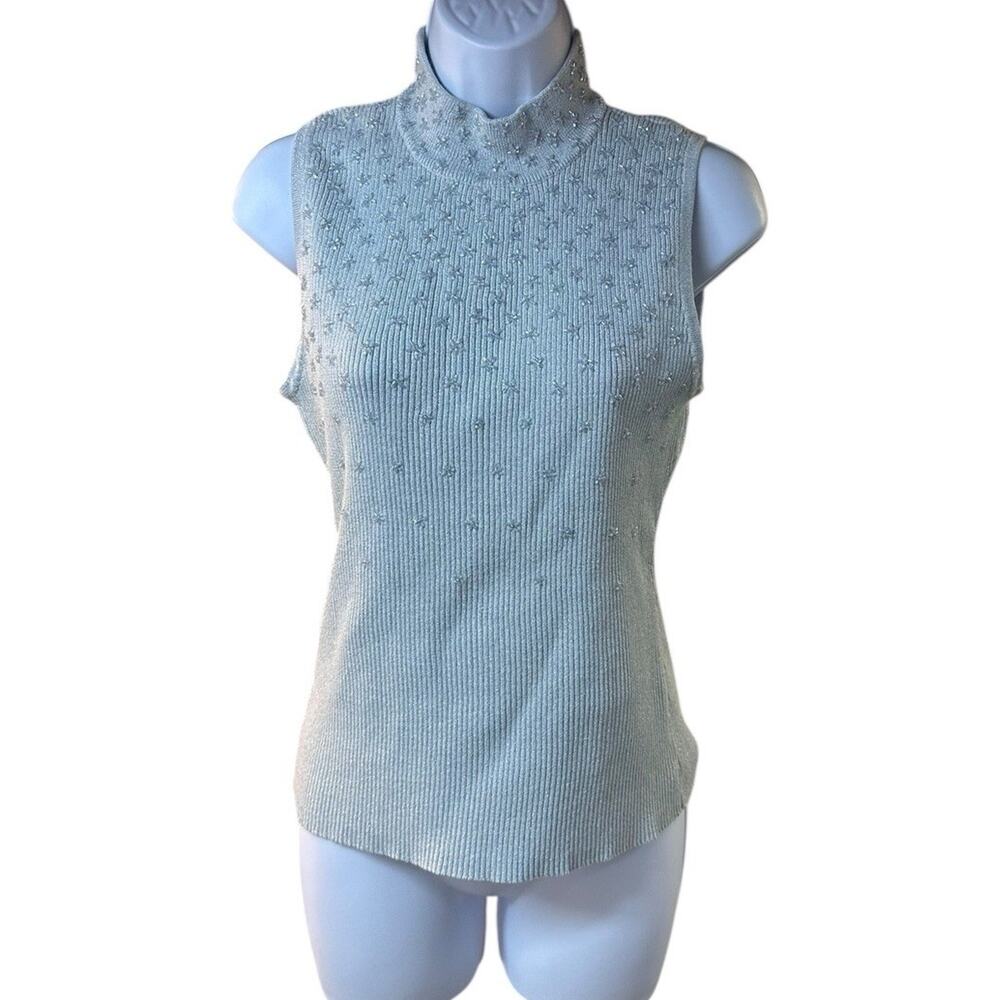 Cache Sleeveless Mock Neck Knit Top Light Blue Ribbed Sequin Metallic Large